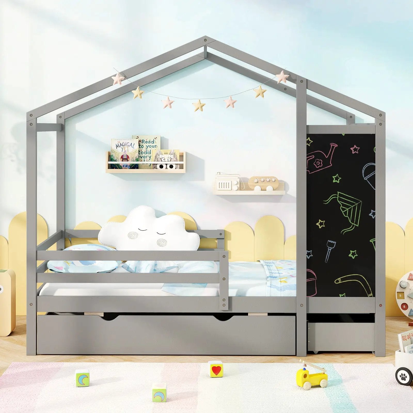 Kids Twin Size Bed with 2 Drawers Solid Wood Bed with Blackboard by DirectDeals