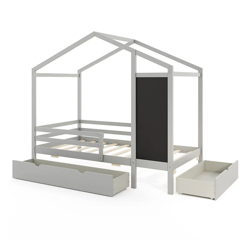 Kids Twin Size Bed with 2 Drawers Solid Wood Bed with Blackboard by DirectDeals