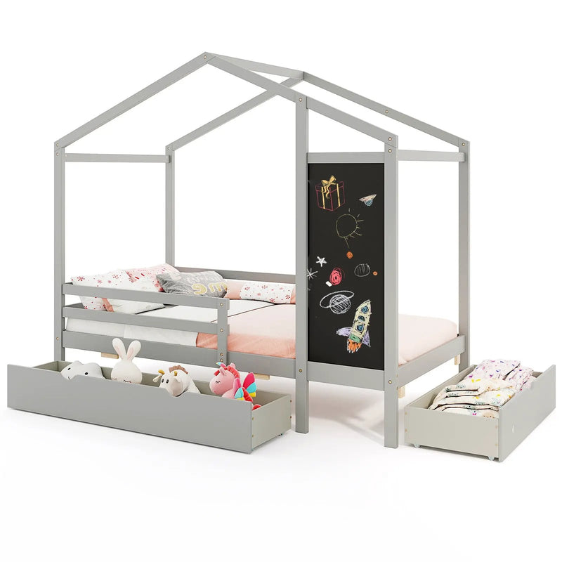 Kids Twin Size Bed with 2 Drawers Solid Wood Bed with Blackboard by DirectDeals