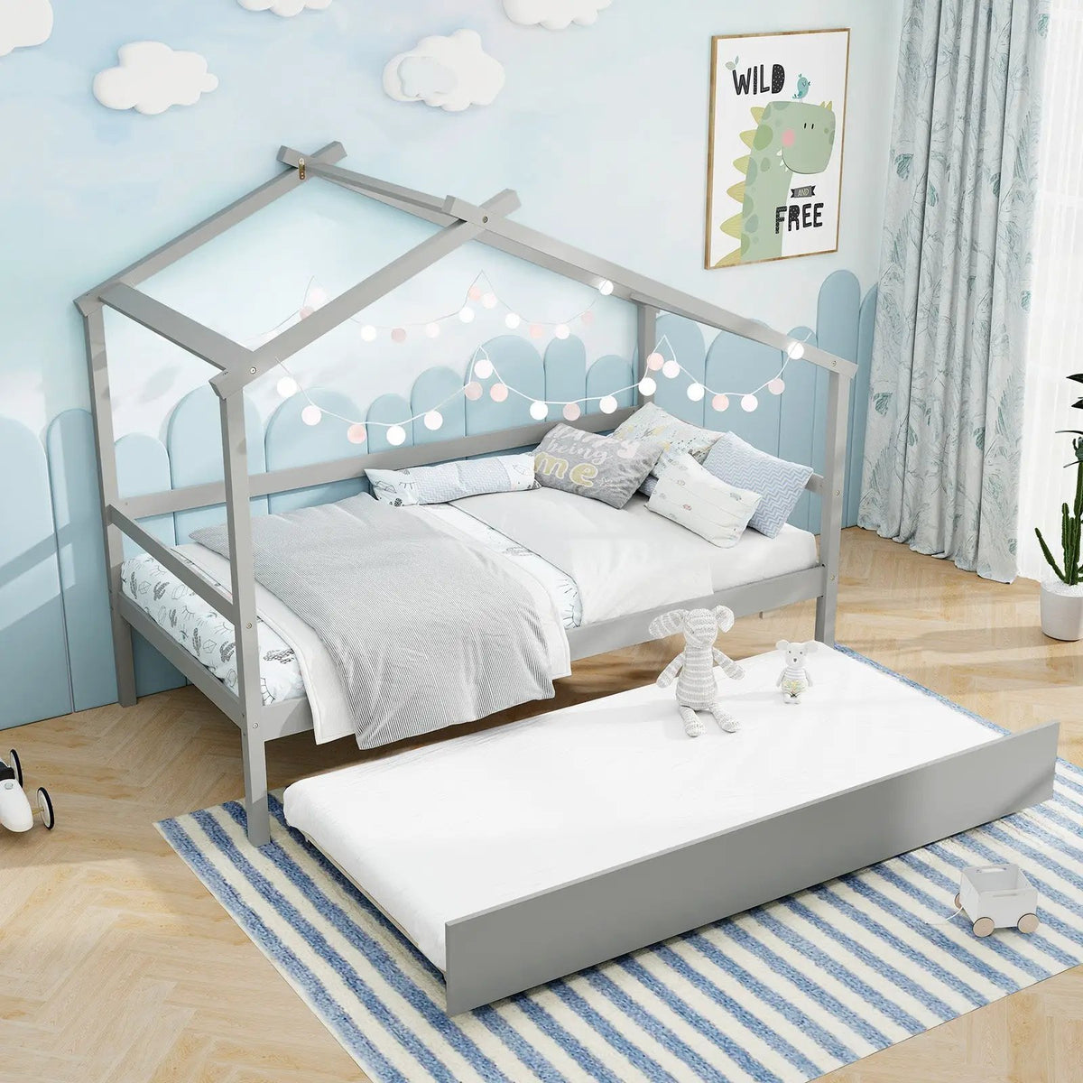 Kids Twin Size House Bed with Trundle and Roof