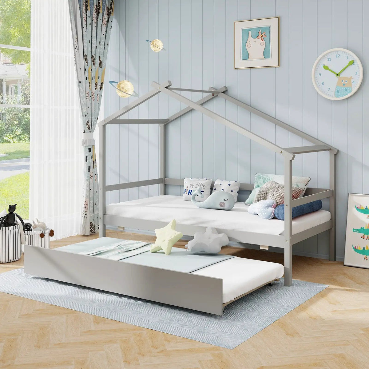 Kids Twin Size House Bed with Trundle and Roof, photo 2 of 9