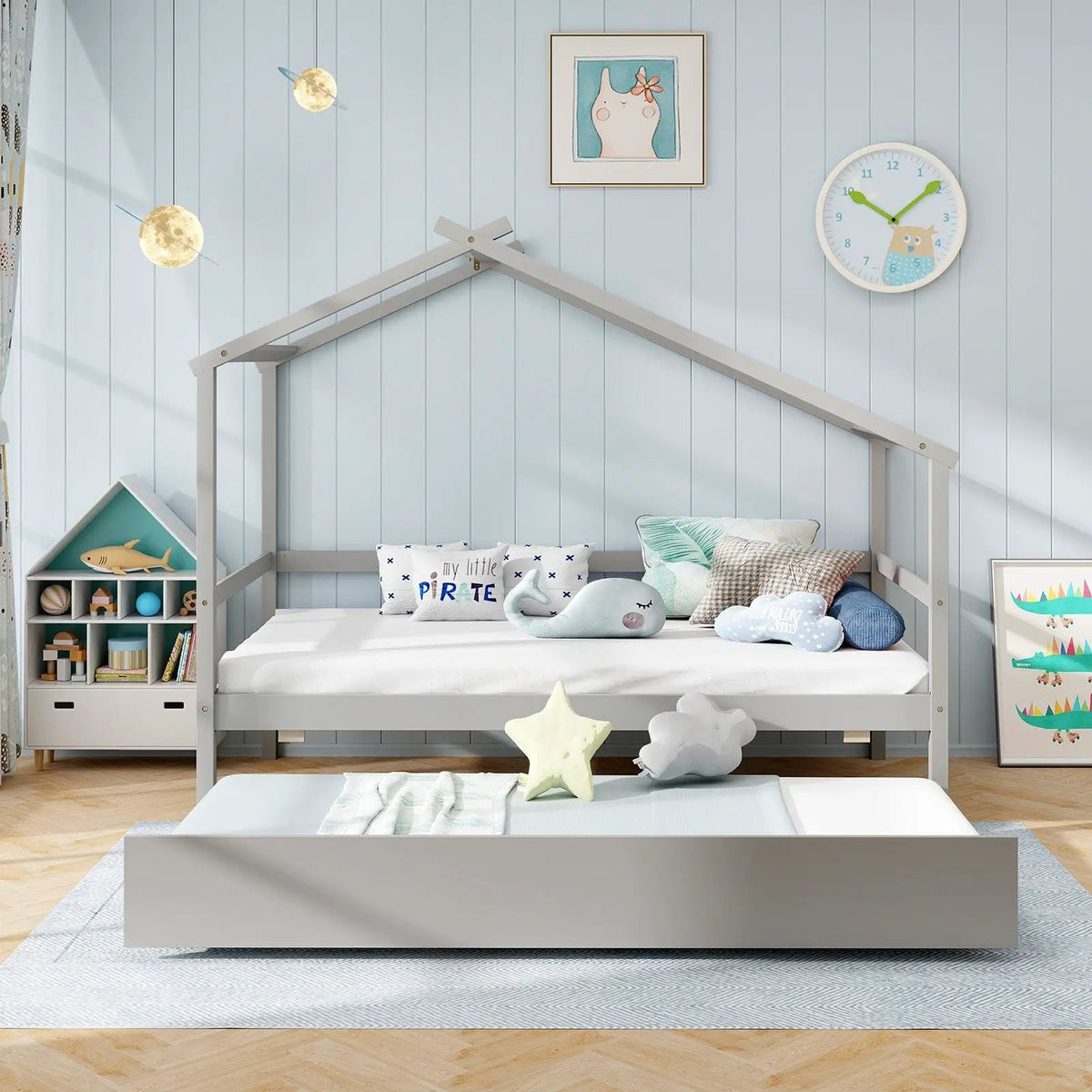 Kids Twin Size House Bed with Trundle and Roof, photo 6 of 9