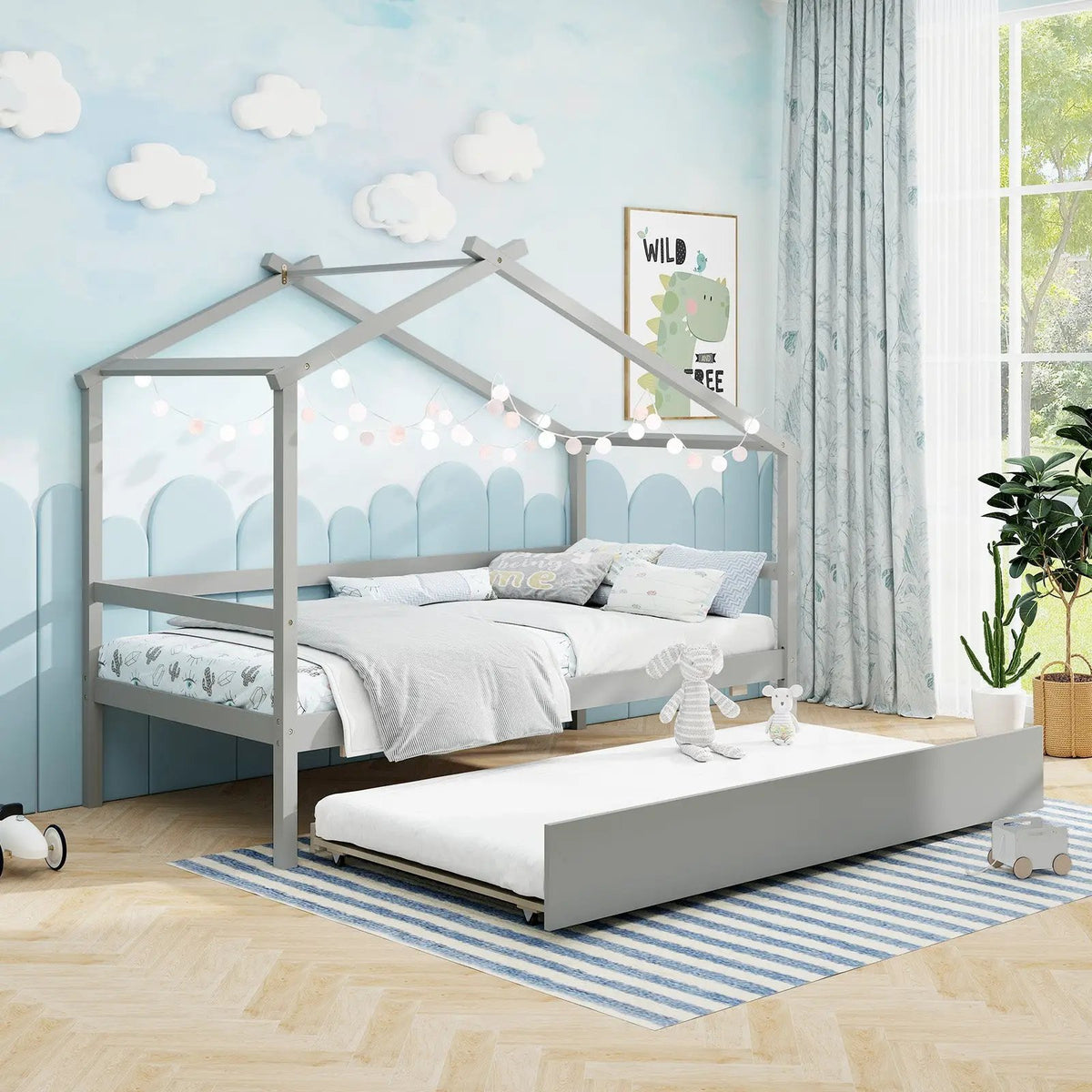 Kids Twin Size House Bed with Trundle and Roof, photo 7 of 9