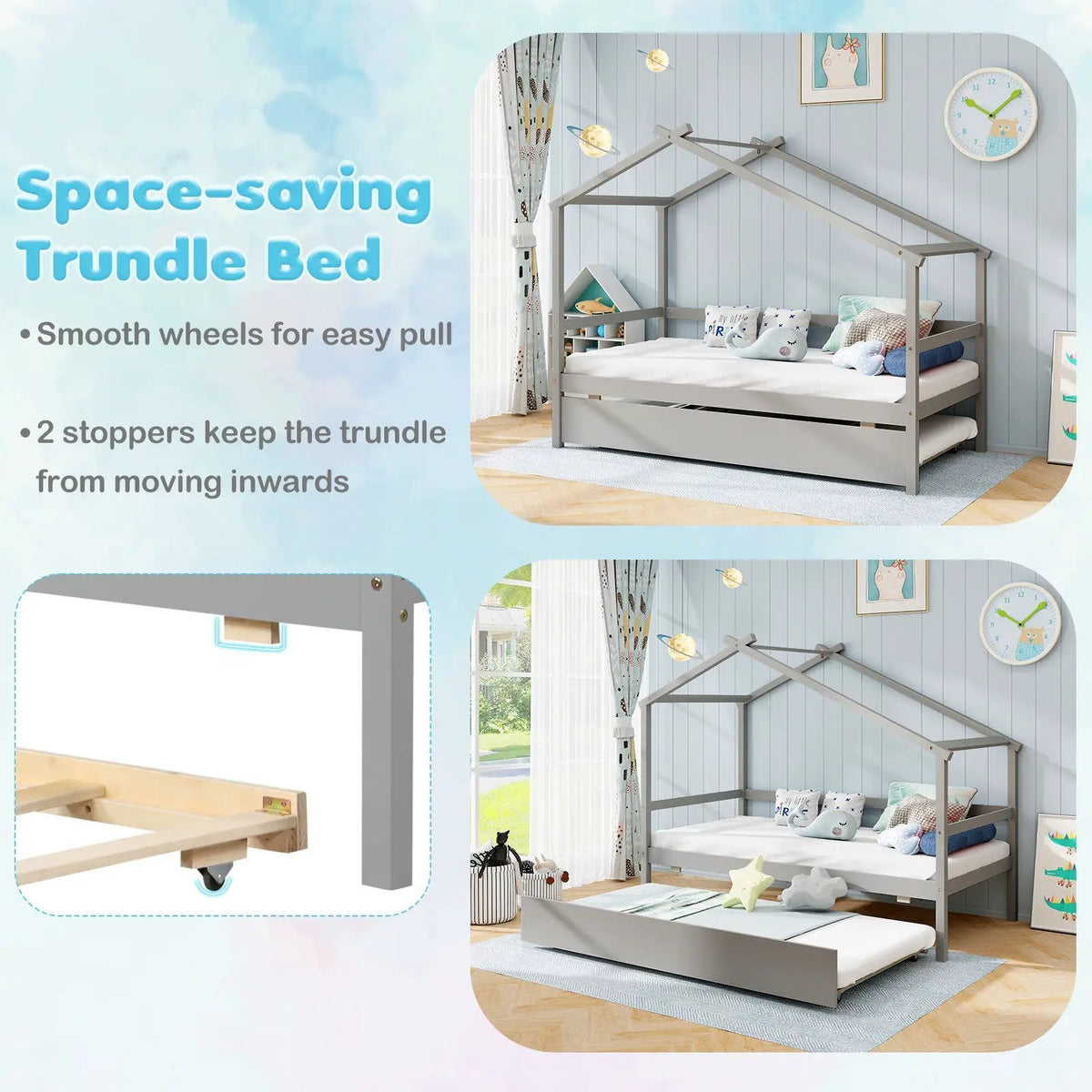 Kids Twin Size House Bed with Trundle and Roof, photo 8 of 9