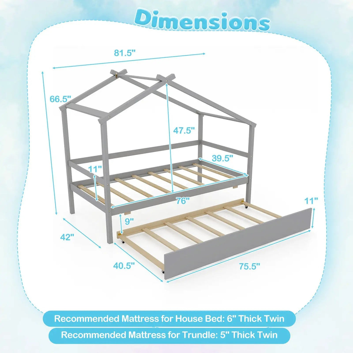 Kids Twin Size House Bed with Trundle and Roof, photo 5 of 9