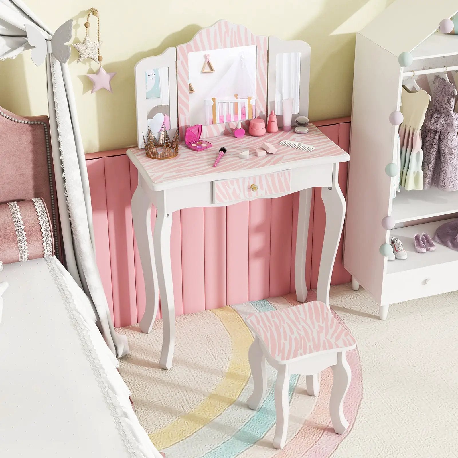 Kids Vanity Set with Drawer and 3 Makeup Accessories-Pink by DirectDeals