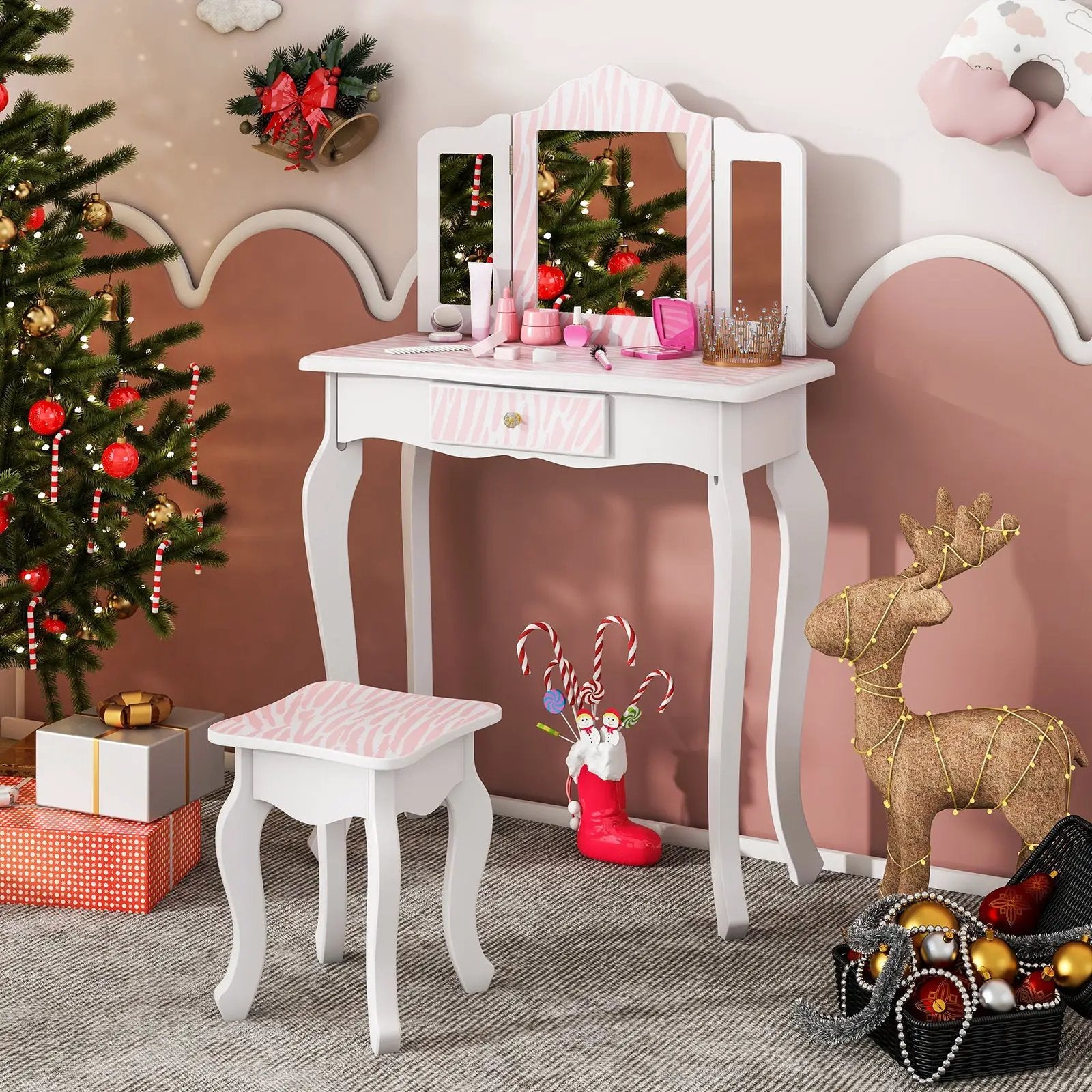 Kids Vanity Set with Drawer and 3 Makeup Accessories-Pink by DirectDeals