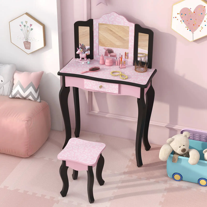 2 in 1 Princess Dressing Table Writing Desk with Cute Leopard Print 3 Makeup Accessories-Pink by DirectDeals