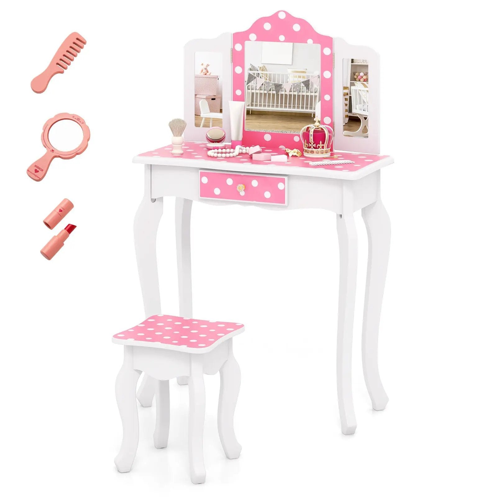 Princess Pretend Play Makeup Dressing Table with Cute Polka Dot Print-Pink by DirectDeals