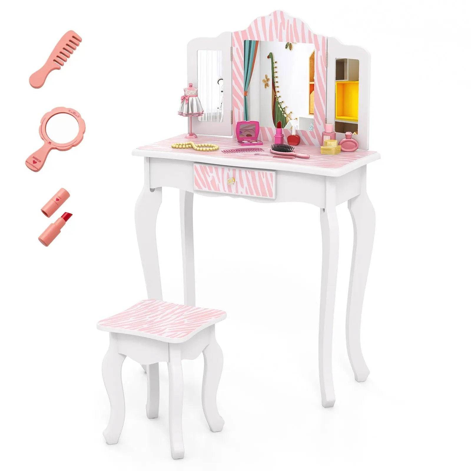 Kids Vanity Set with Drawer and 3 Makeup Accessories-Pink by DirectDeals