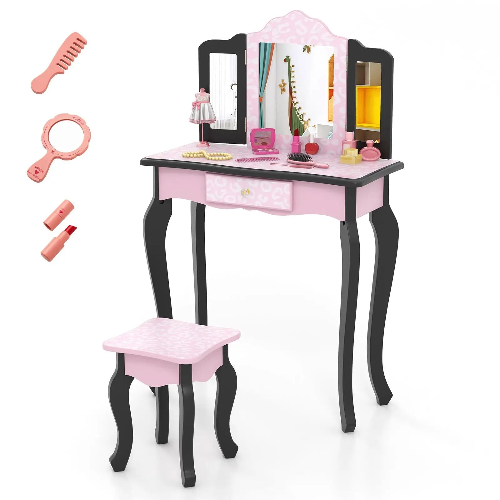 2 in 1 Princess Dressing Table Writing Desk with Cute Leopard Print 3 Makeup Accessories-Pink by DirectDeals