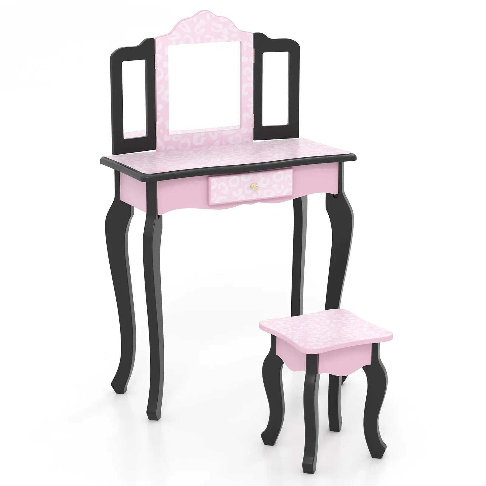 2 in 1 Princess Dressing Table Writing Desk with Cute Leopard Print 3 Makeup Accessories-Pink by DirectDeals