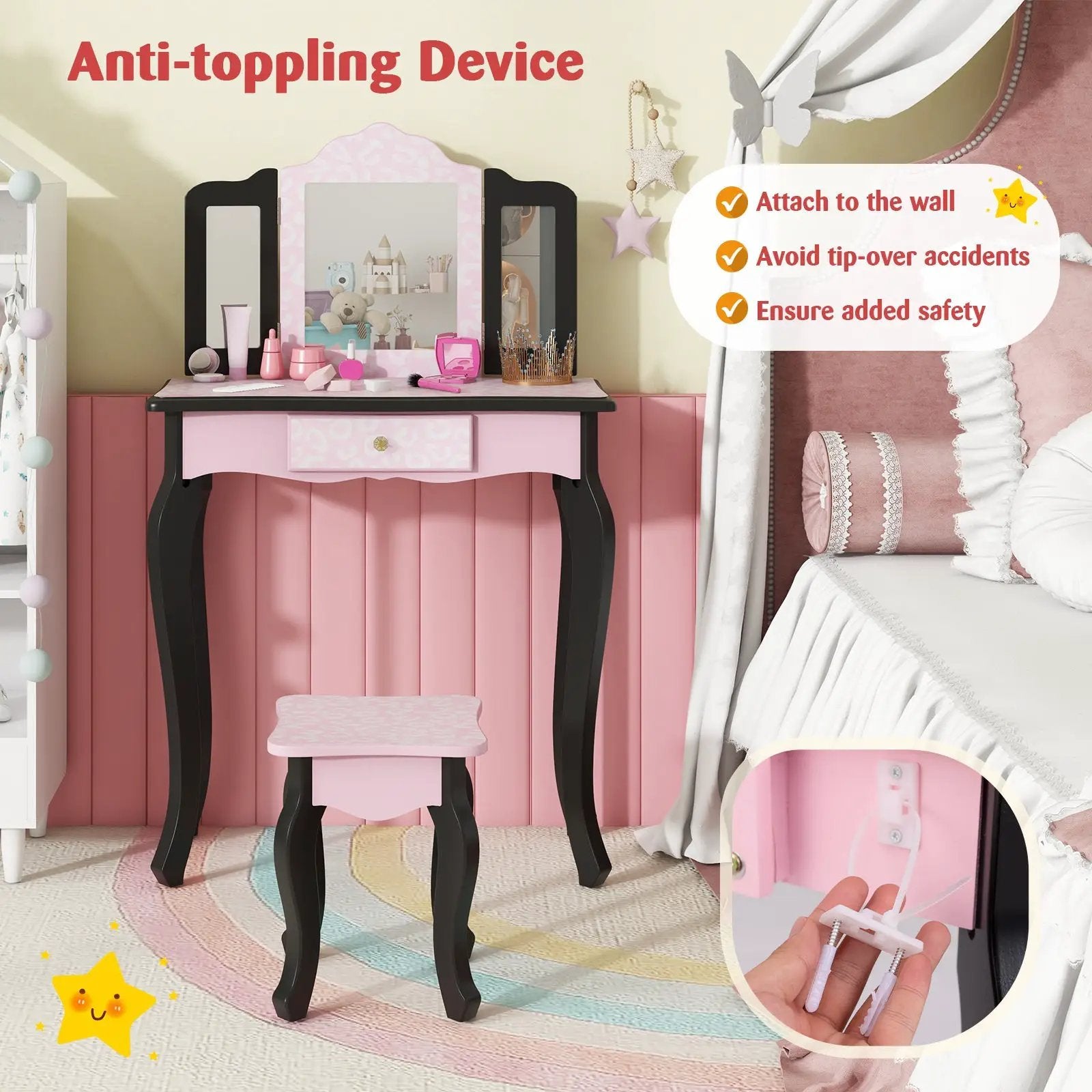 2 in 1 Princess Dressing Table Writing Desk with Cute Leopard Print 3 Makeup Accessories-Pink by DirectDeals
