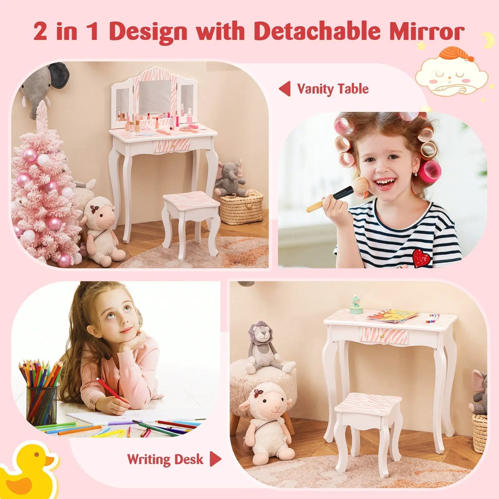 Kids Vanity Set with Drawer and 3 Makeup Accessories-Pink by DirectDeals
