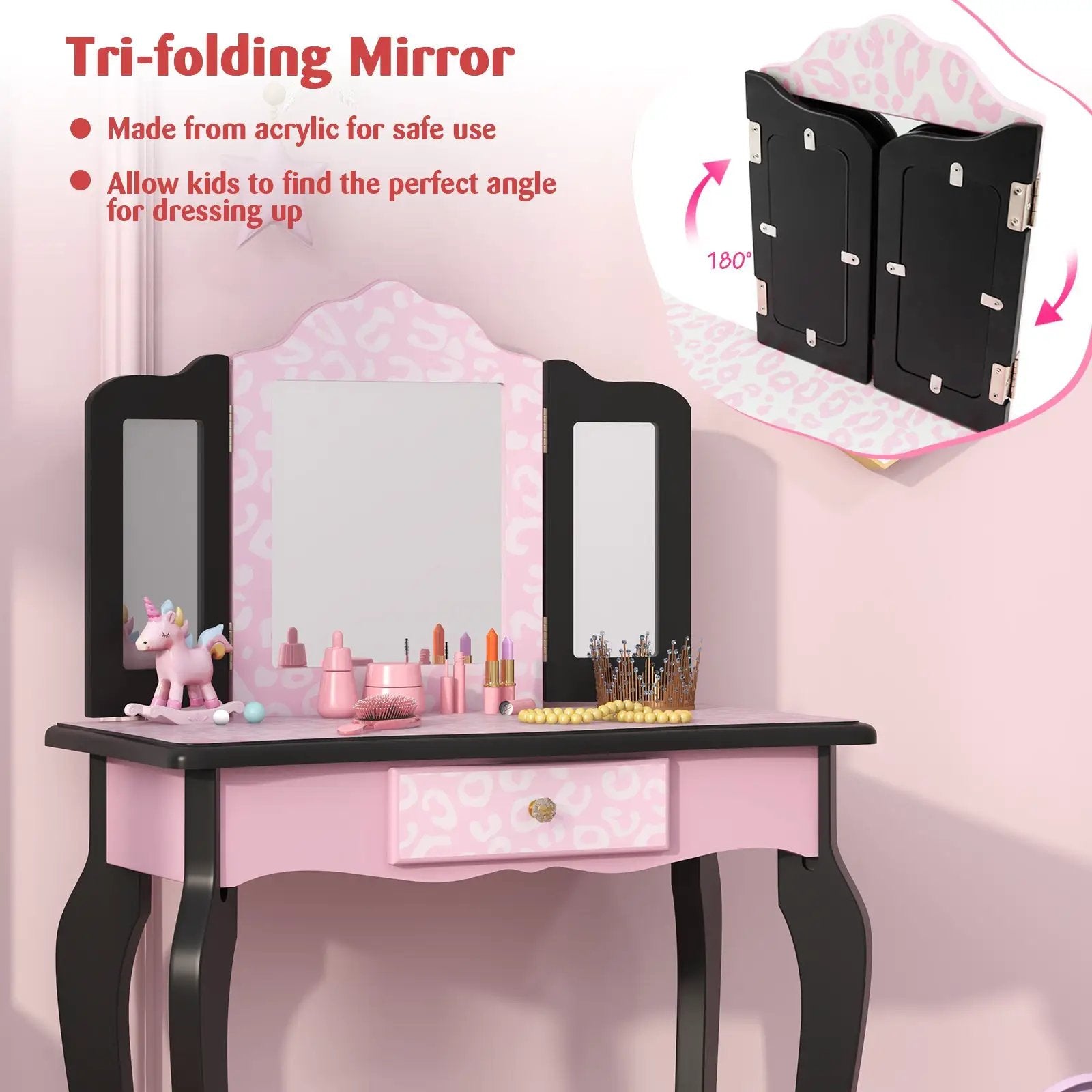 2 in 1 Princess Dressing Table Writing Desk with Cute Leopard Print 3 Makeup Accessories-Pink by DirectDeals