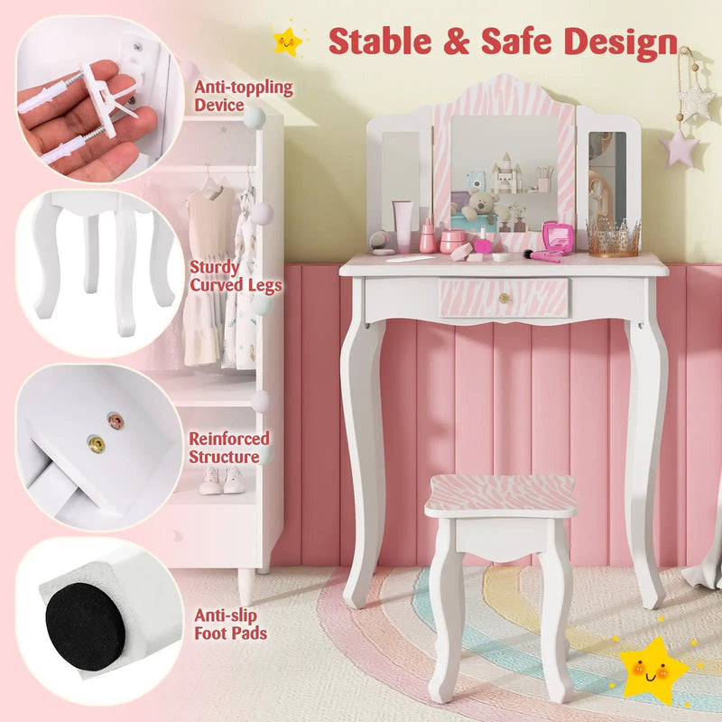 Kids Vanity Set with Drawer and 3 Makeup Accessories-Pink by DirectDeals