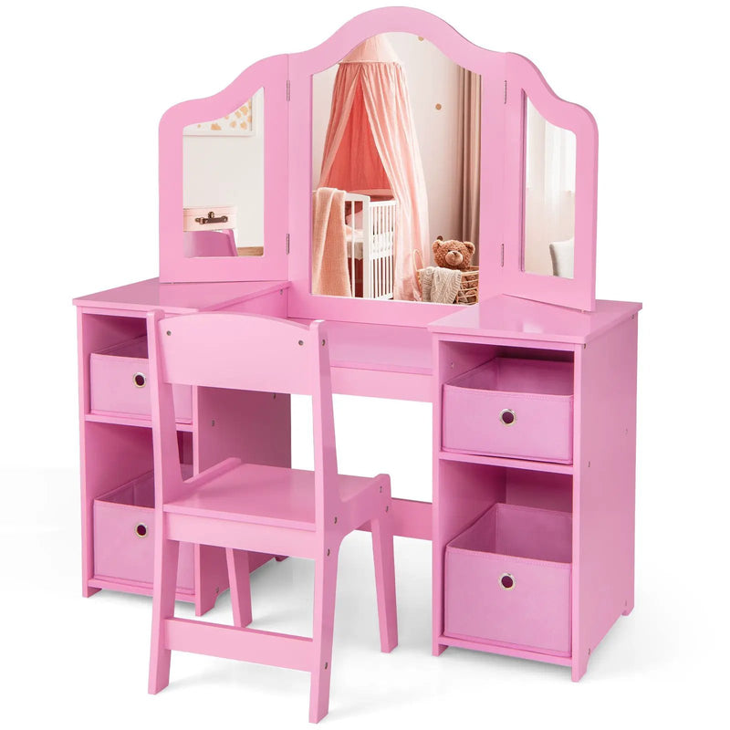 Kids Vanity Table and Chair Set with Removable Mirrors and 4 Storage Bins by DirectDeals
