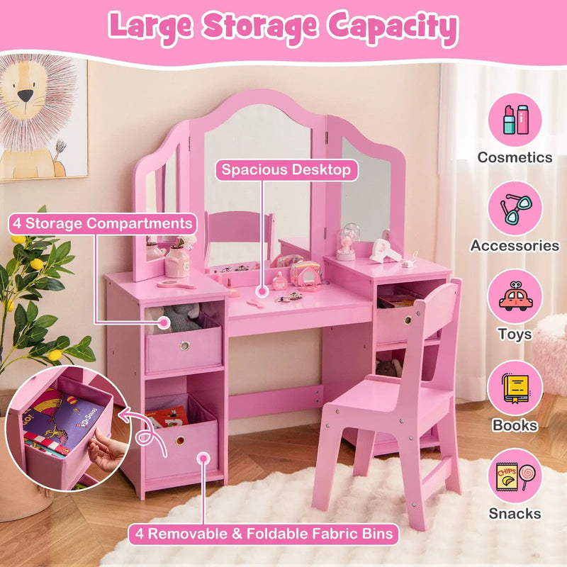 Kids Vanity Table and Chair Set with Removable Mirrors and 4 Storage Bins by DirectDeals