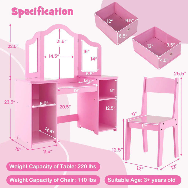 Kids Vanity Table and Chair Set with Removable Mirrors and 4 Storage Bins by DirectDeals