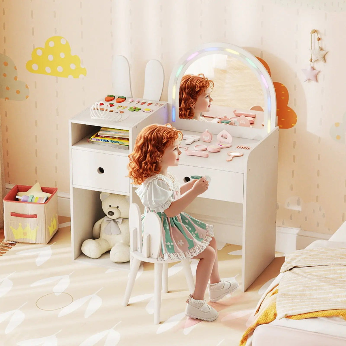 Kids Vanity Desk and Chair Set with Lights Open Shelves, photo 10 of 16