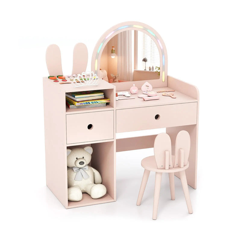 Kids Vanity Desk and Chair Set with Lights Open Shelves by DirectDeals