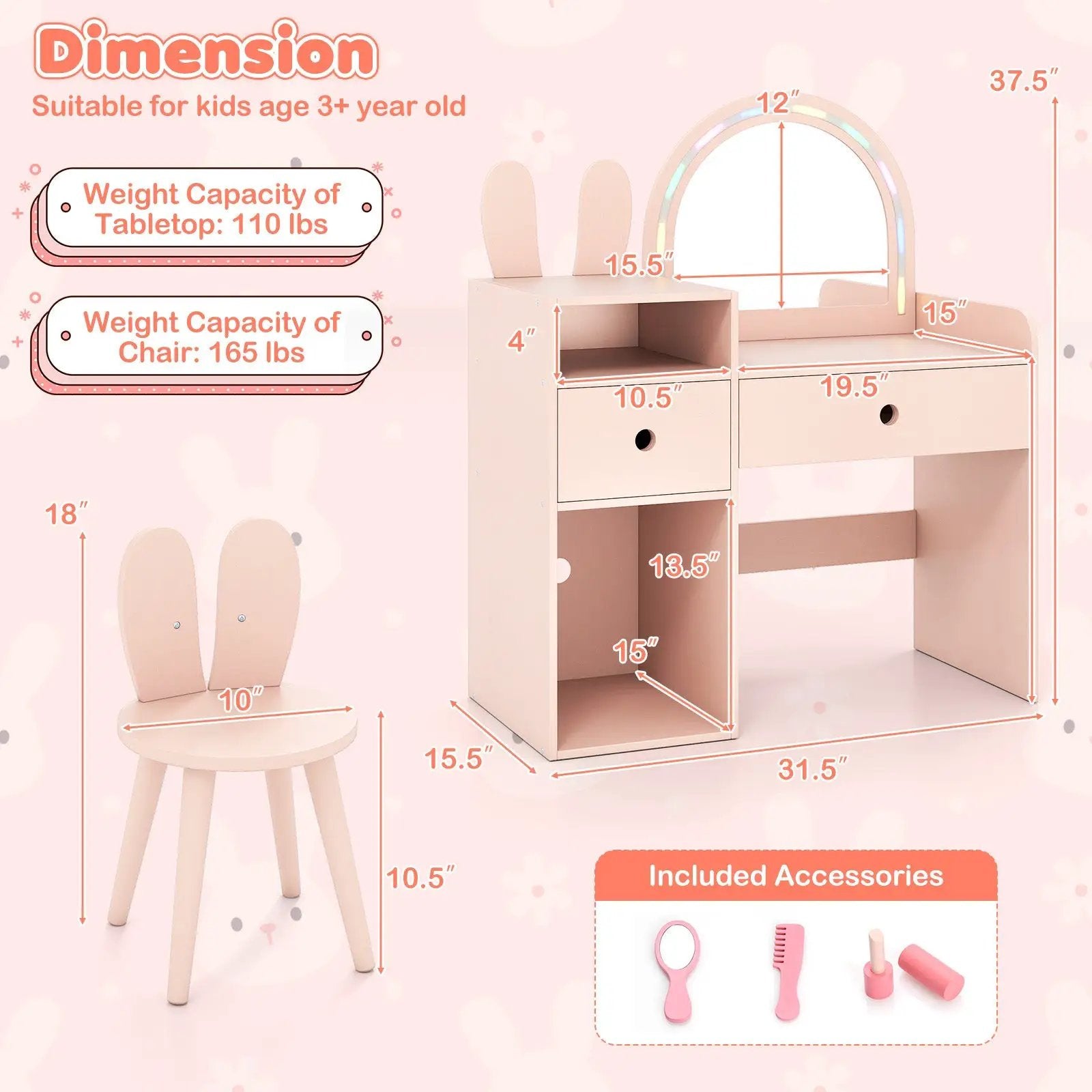 Kids Vanity Desk and Chair Set with Lights Open Shelves by DirectDeals