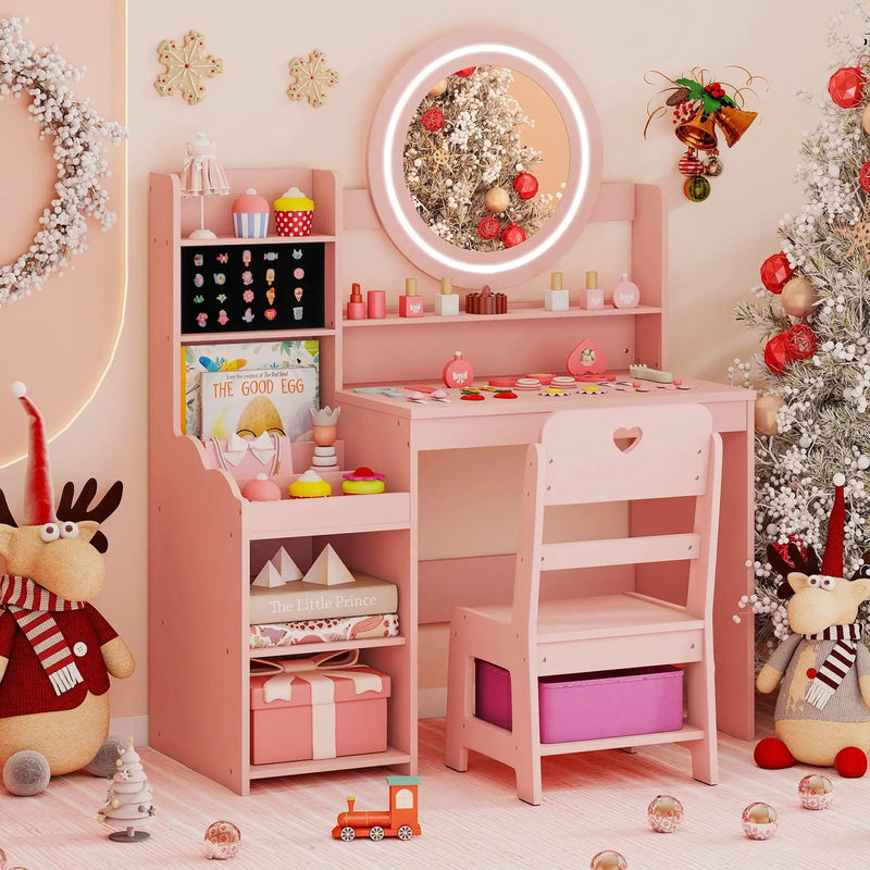 Kids Vanity Desk with Mirror and Lights Princess Pretend Play Dressing Table and Chair Set by DirectDeals