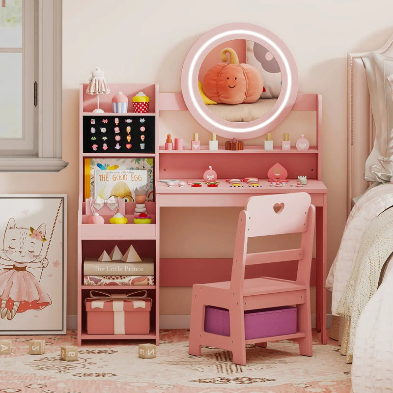 Kids Vanity Desk with Mirror and Lights Princess Pretend Play Dressing Table and Chair Set by DirectDeals