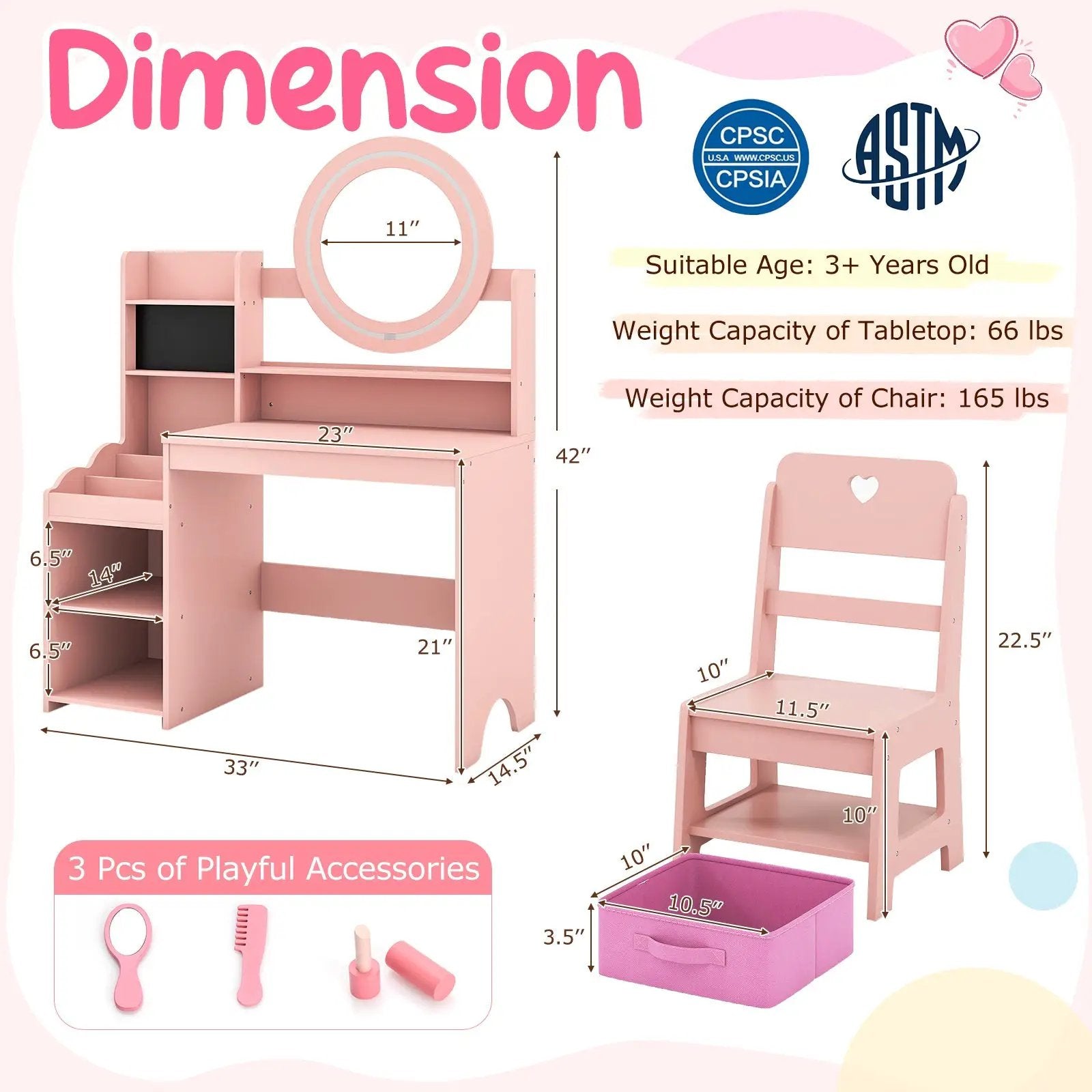Kids Vanity Desk with Mirror and Lights Princess Pretend Play Dressing Table and Chair Set by DirectDeals