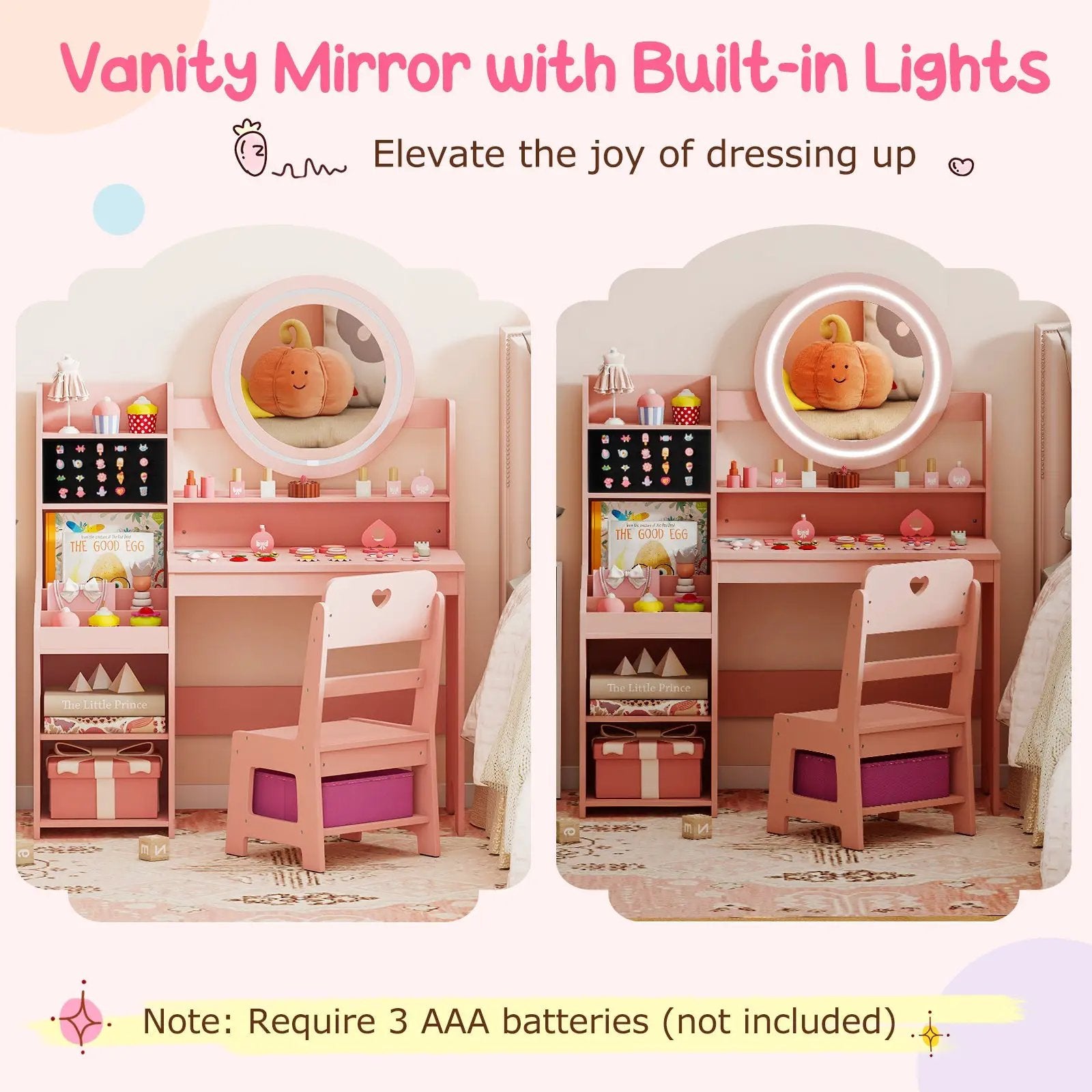 Kids Vanity Desk with Mirror and Lights Princess Pretend Play Dressing Table and Chair Set by DirectDeals