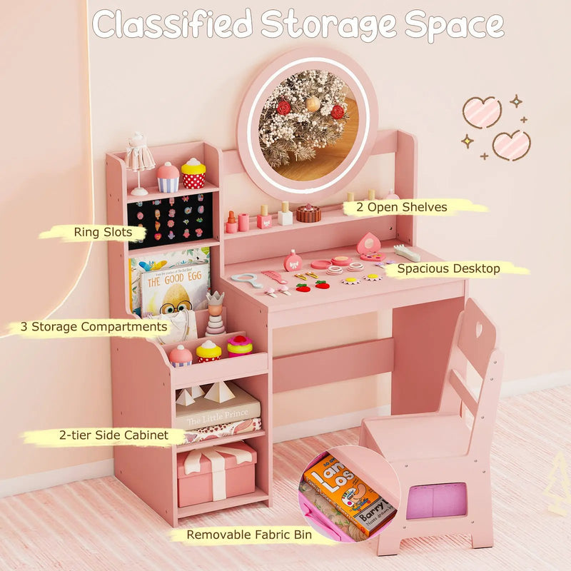 Kids Vanity Desk with Mirror and Lights Princess Pretend Play Dressing Table and Chair Set by DirectDeals