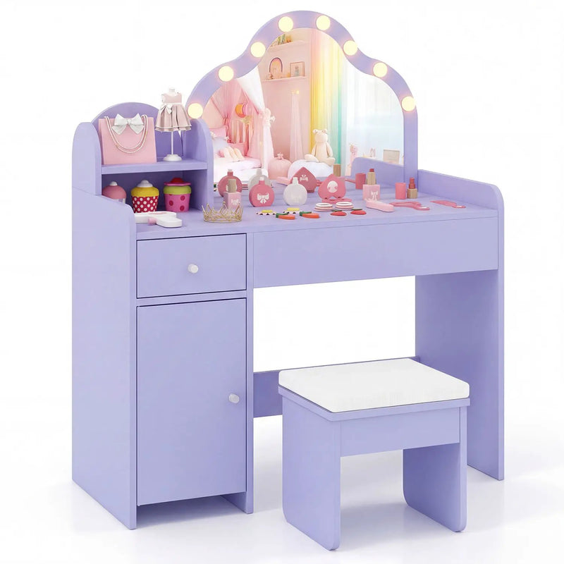 Kids Vanity Desk with Mirror and Lights Princess Pretend Play Dressing Table-Purple by DirectDeals