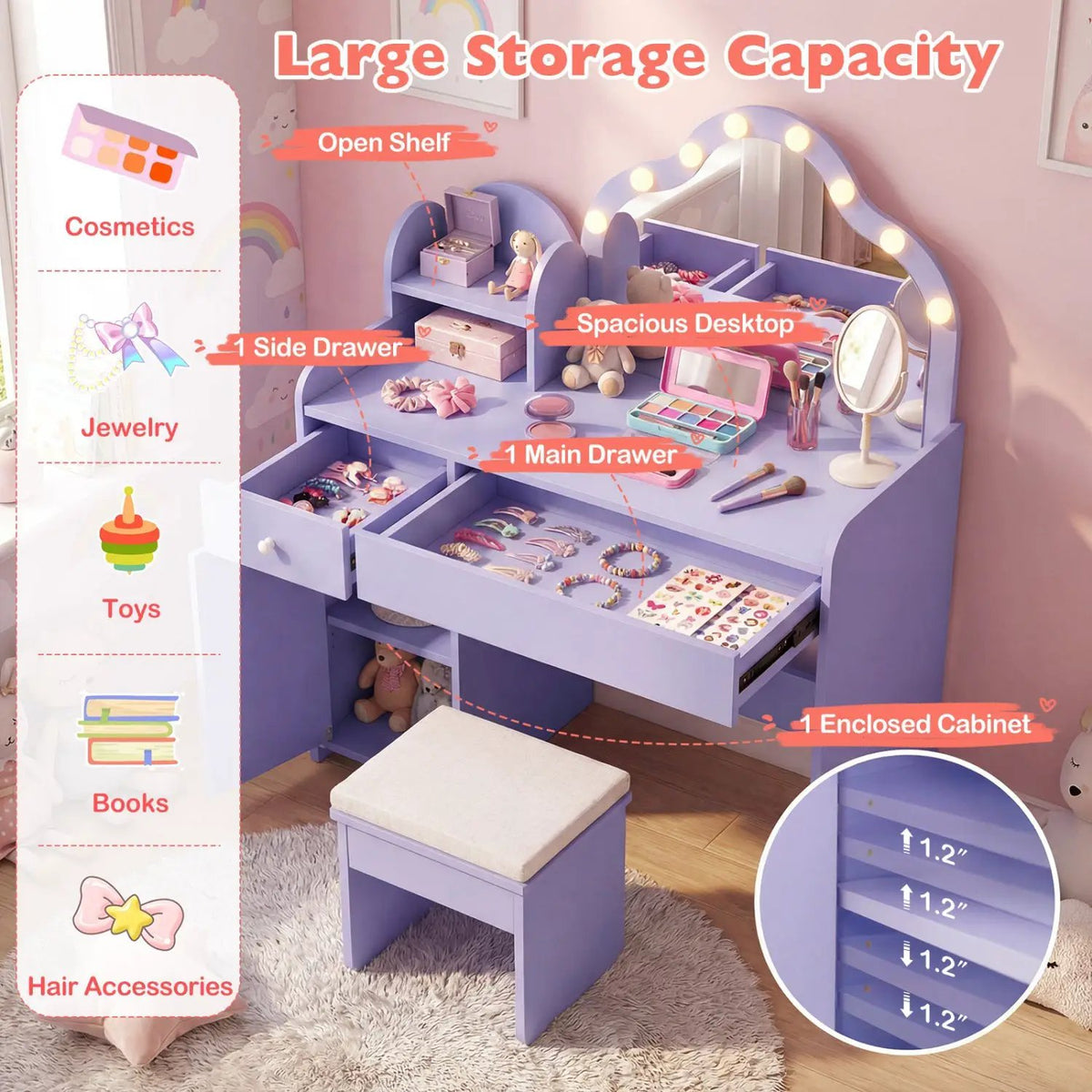 Kids Vanity Desk with Mirror and Lights Princess Pretend Play Dressing Table-Purple, photo 6 of 9