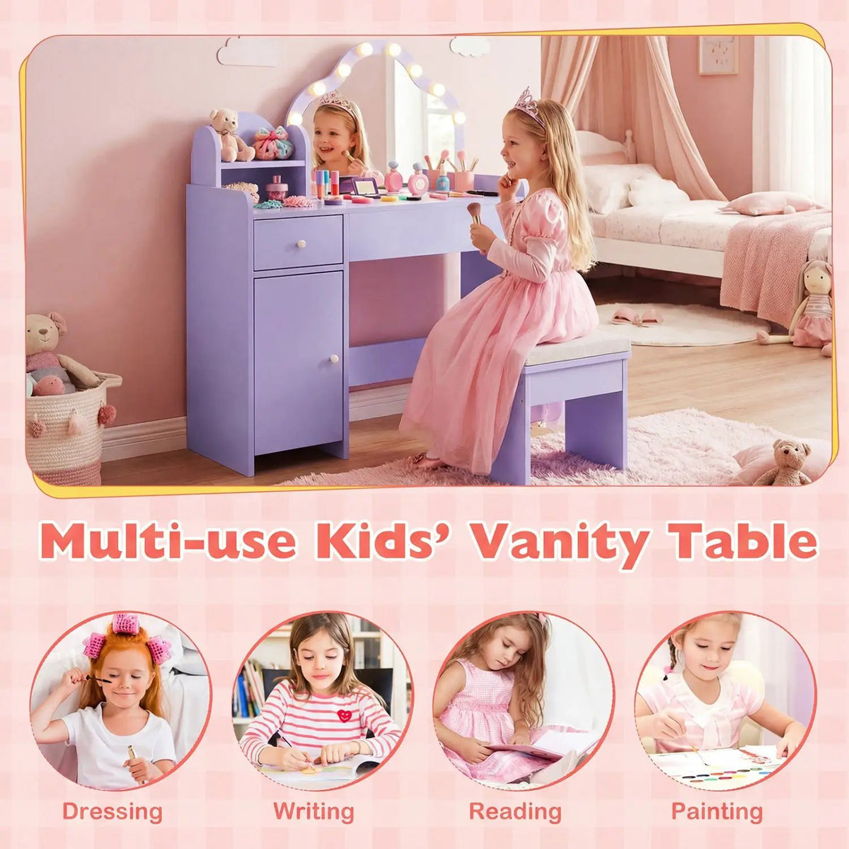 Kids Vanity Desk with Mirror and Lights Princess Pretend Play Dressing Table-Purple, photo 8 of 9
