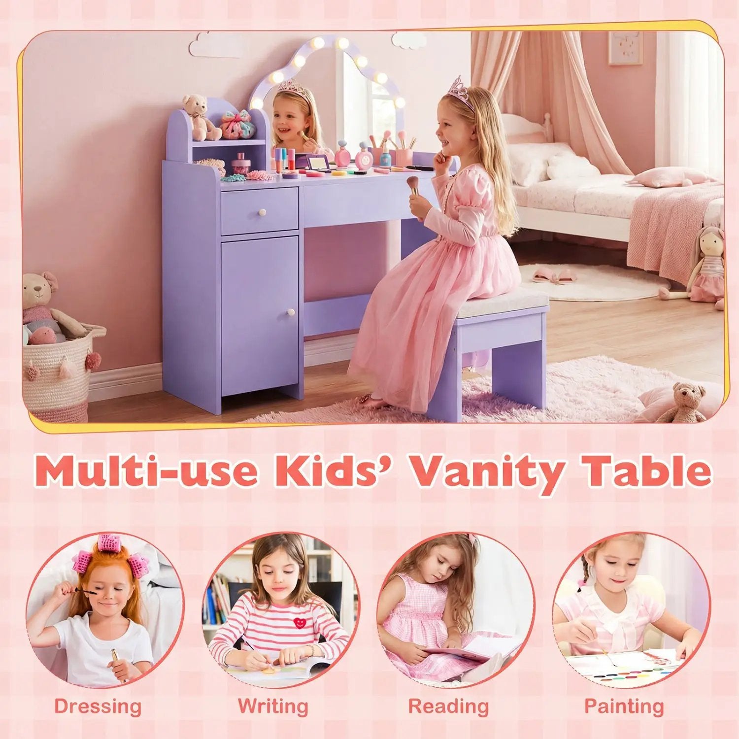 Kids Vanity Desk with Mirror and Lights Princess Pretend Play Dressing Table-Purple by DirectDeals