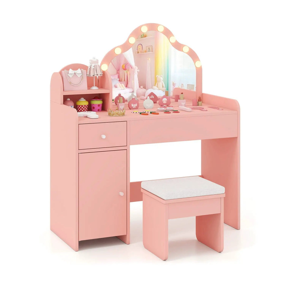 Kids Vanity Desk with Mirror and Lights Princess Pretend Play Dressing Table-Purple, photo 9 of 9