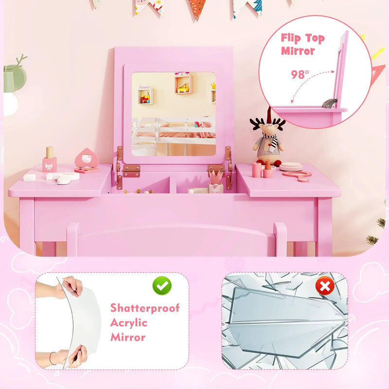 2-in-1 Kids Vanity Makeup Table and Chair Set with Flip Top Mirror by DirectDeals