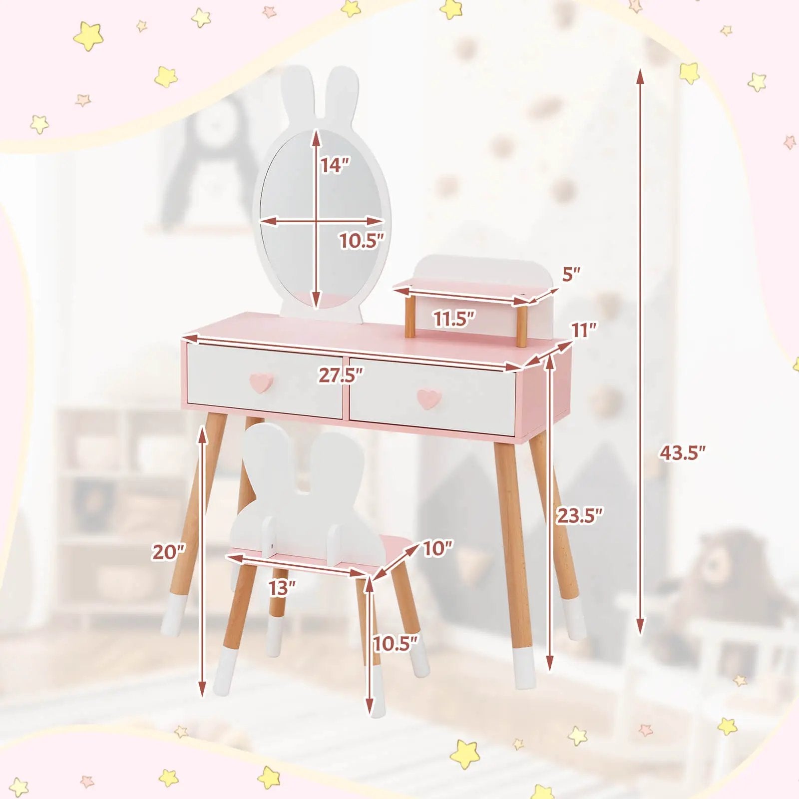 2 in 1 Wooden Princess Kids Vanity Set with Mirror-White by DirectDeals