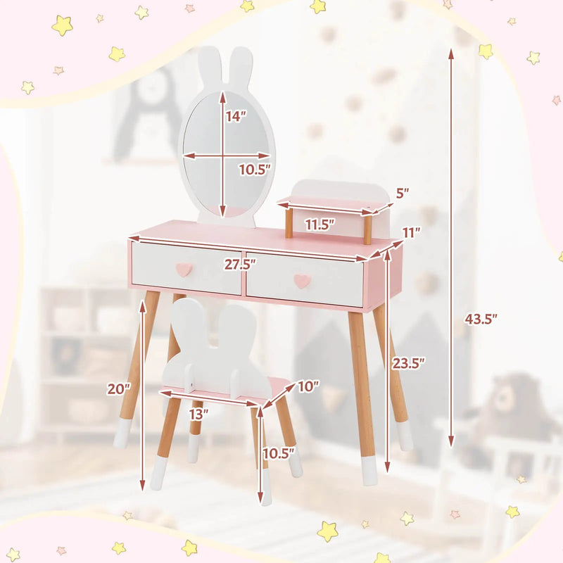 2 in 1 Wooden Princess Kids Vanity Set with Mirror-White by DirectDeals