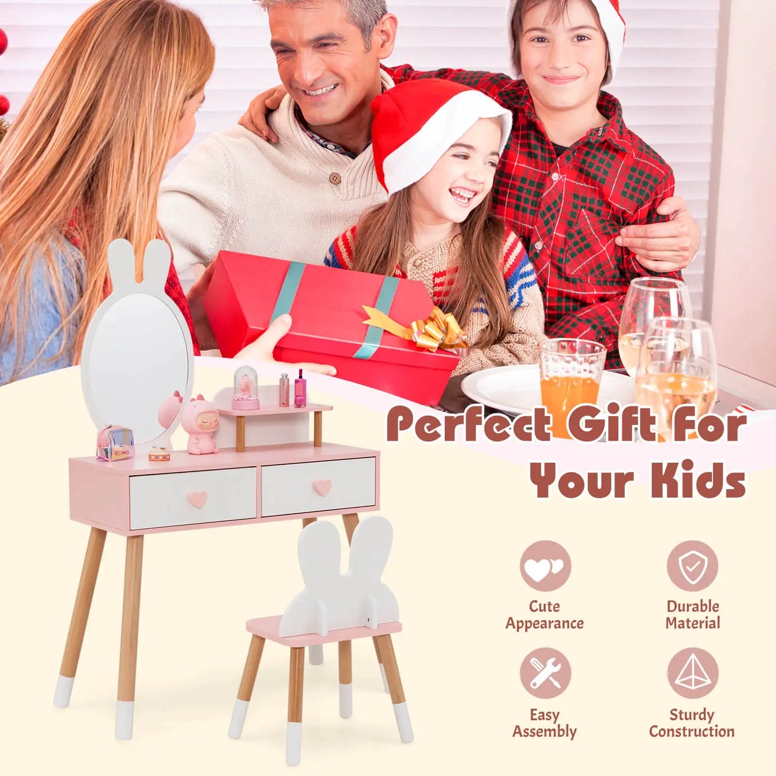 2 in 1 Wooden Princess Kids Vanity Set with Mirror-White by DirectDeals