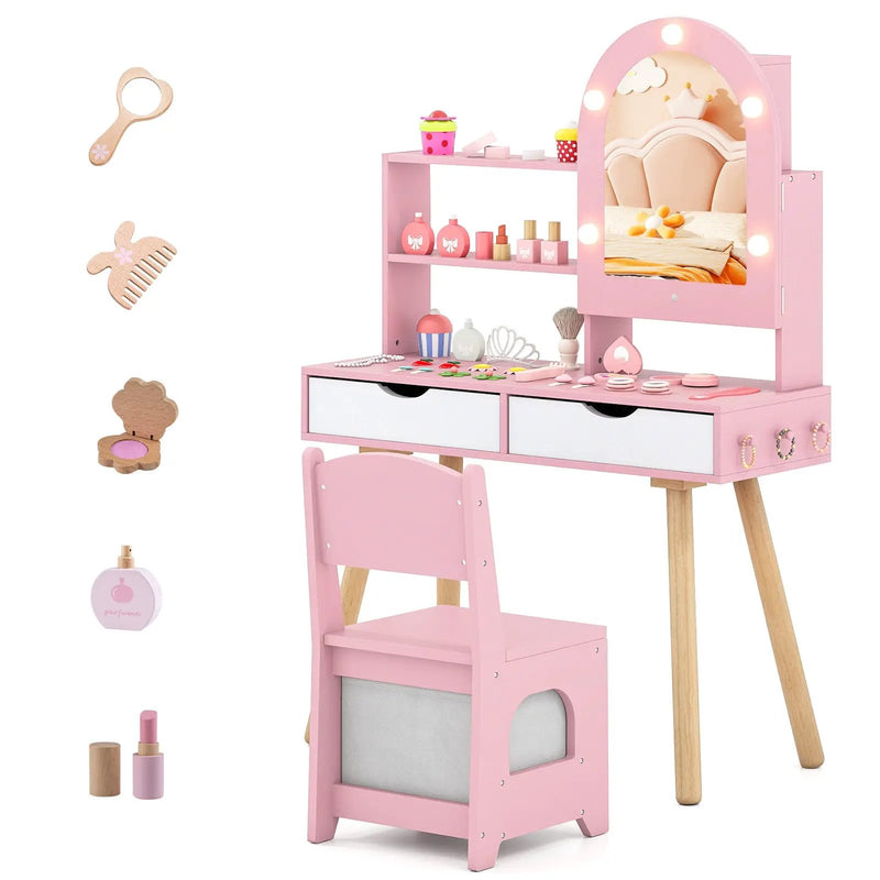 Kids Vanity Set Pretend Play Dressing Table Set with 3-Color Lighting Modes Adjustable Brightness and Mirror Cabinet by DirectDeals
