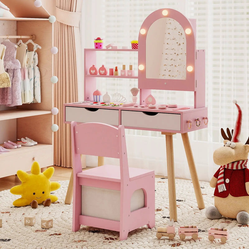 Kids Vanity Set Pretend Play Dressing Table Set with 3-Color Lighting Modes Adjustable Brightness and Mirror Cabinet by DirectDeals