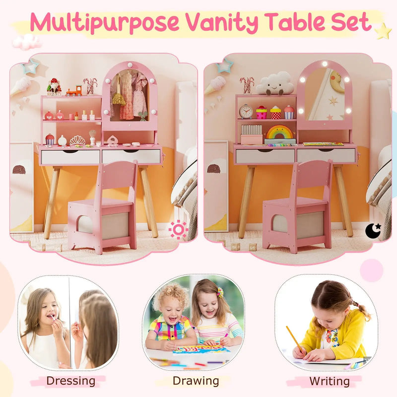 Kids Vanity Set Pretend Play Dressing Table Set with 3-Color Lighting Modes Adjustable Brightness and Mirror Cabinet by DirectDeals