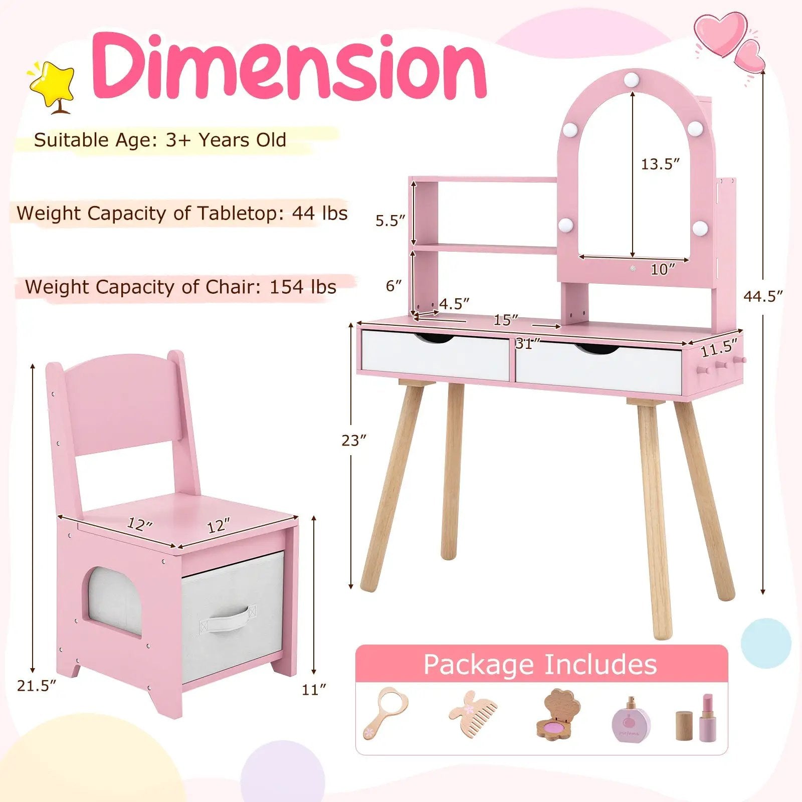 Kids Vanity Set Pretend Play Dressing Table Set with 3-Color Lighting Modes Adjustable Brightness and Mirror Cabinet by DirectDeals