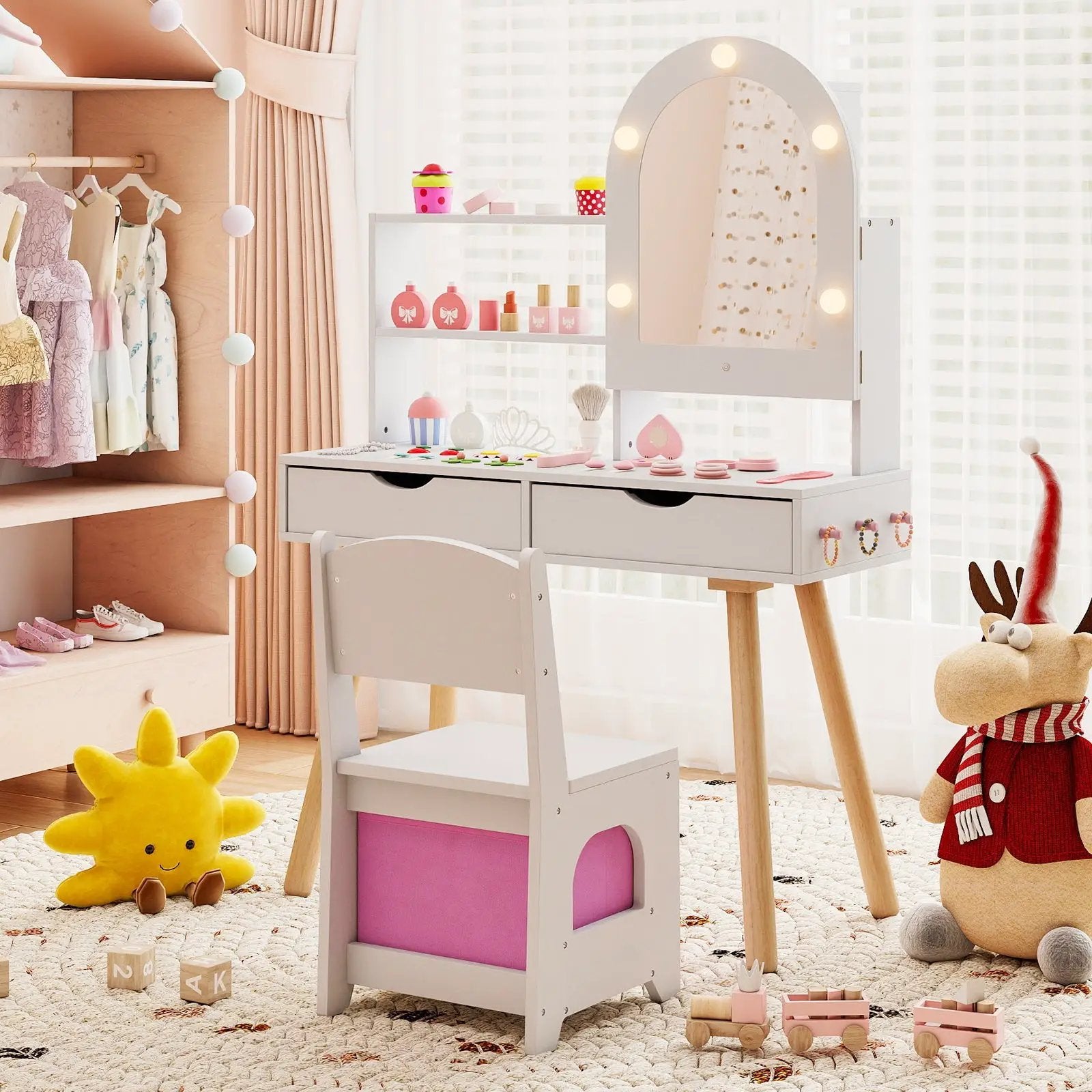 Kids Vanity Set Pretend Play Dressing Table Set with 3-Color Lighting Modes Adjustable Brightness and Mirror Cabinet by DirectDeals