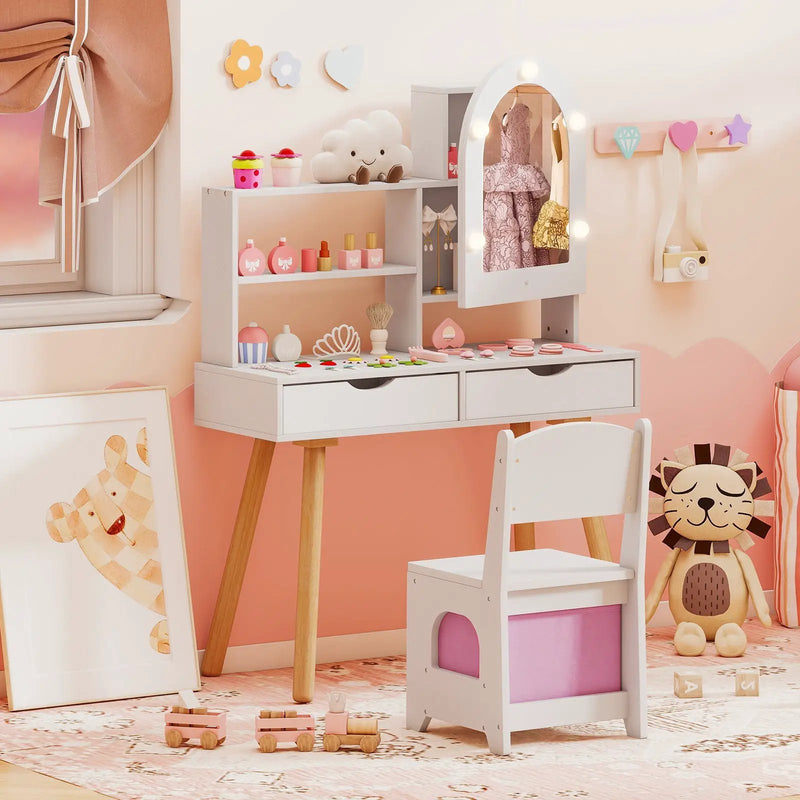 Kids Vanity Set Pretend Play Dressing Table Set with 3-Color Lighting Modes Adjustable Brightness and Mirror Cabinet by DirectDeals