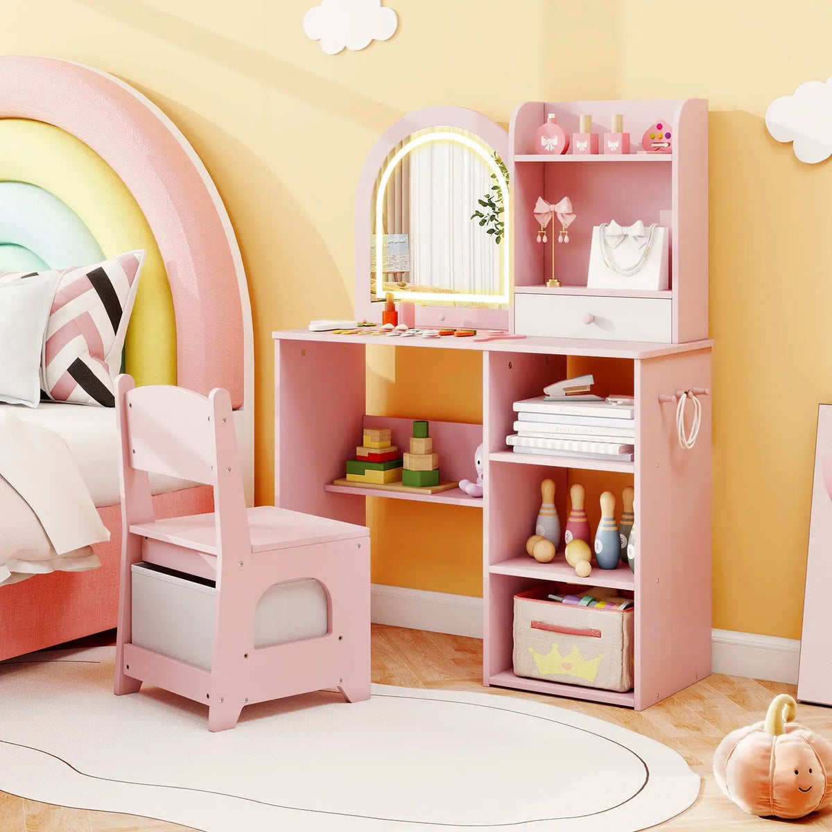 Kids Vanity Set Princess Girls Makeup Vanity Desk with Chair and 3-Color LED Lighted Mirror, photo 3 of 16