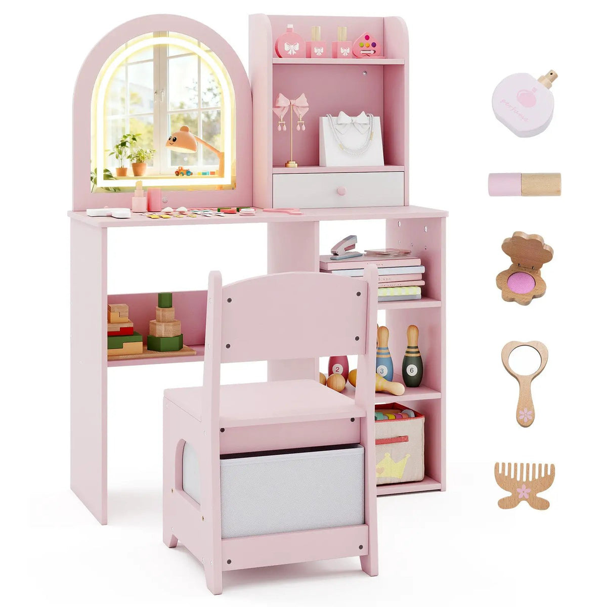 Kids Vanity Set Princess Girls Makeup Vanity Desk with Chair and 3-Color LED Lighted Mirror, photo 5 of 16