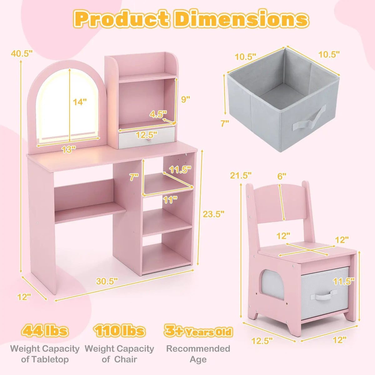Kids Vanity Set Princess Girls Makeup Vanity Desk with Chair and 3-Color LED Lighted Mirror, photo 9 of 16