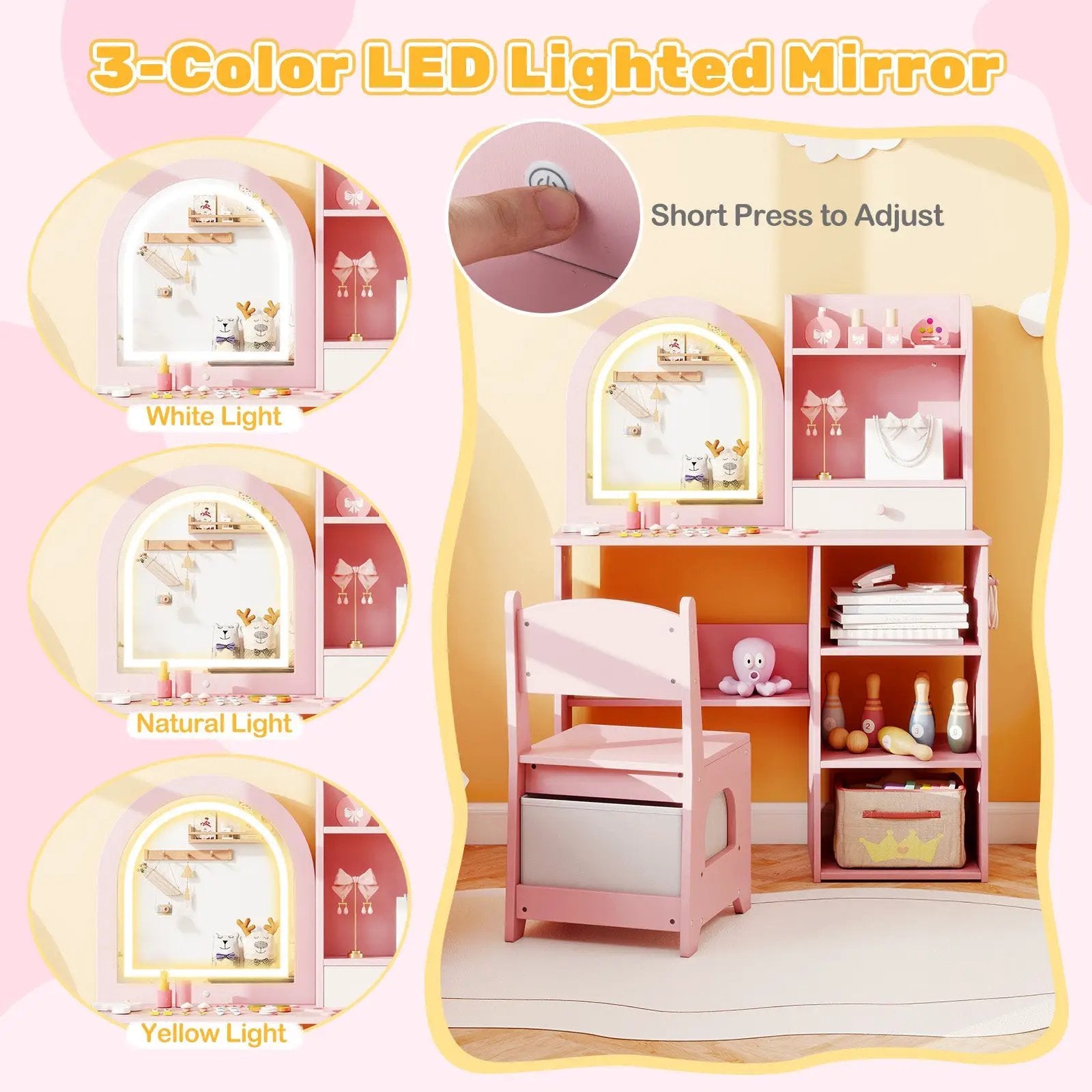 Kids Vanity Set Princess Girls Makeup Vanity Desk with Chair and 3-Color LED Lighted Mirror by DirectDeals